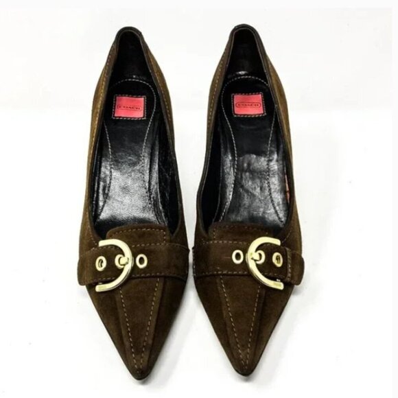 Coach Brown Sarrah Italian Suede Gold Buckle Pointed Toe Pumps - Size 8.5 - Picture 3 of 6